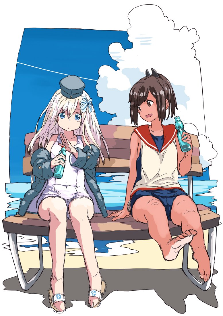 2girls :d barefoot beach blonde_hair blue_eyes brown_eyes brown_hair clouds cropped_jacket full_body garrison_cap hair_ornament hairclip hat i-401_(kantai_collection) kantai_collection long_hair long_sleeves looking_at_another matsutani multiple_girls one-piece_swimsuit open_mouth ponytail puffy_long_sleeves puffy_sleeves ramune sailor_collar school_swimsuit school_uniform short_ponytail sitting smile swimsuit swimsuit_under_clothes tan u-511_(kantai_collection) white_school_swimsuit white_swimsuit wooden_bench