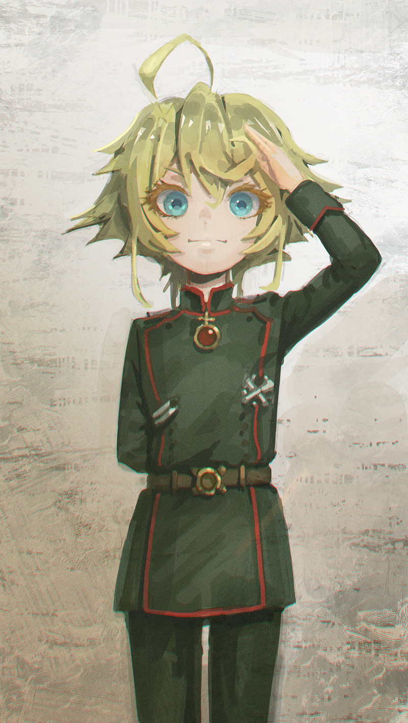1girl ahoge akamidoriao_(rgb) arm_behind_back blonde_hair blue_eyes commentary_request highres huge_ahoge iron_cross looking_at_viewer medal military military_uniform salute smile solo standing tanya_degurechaff uniform youjo_senki