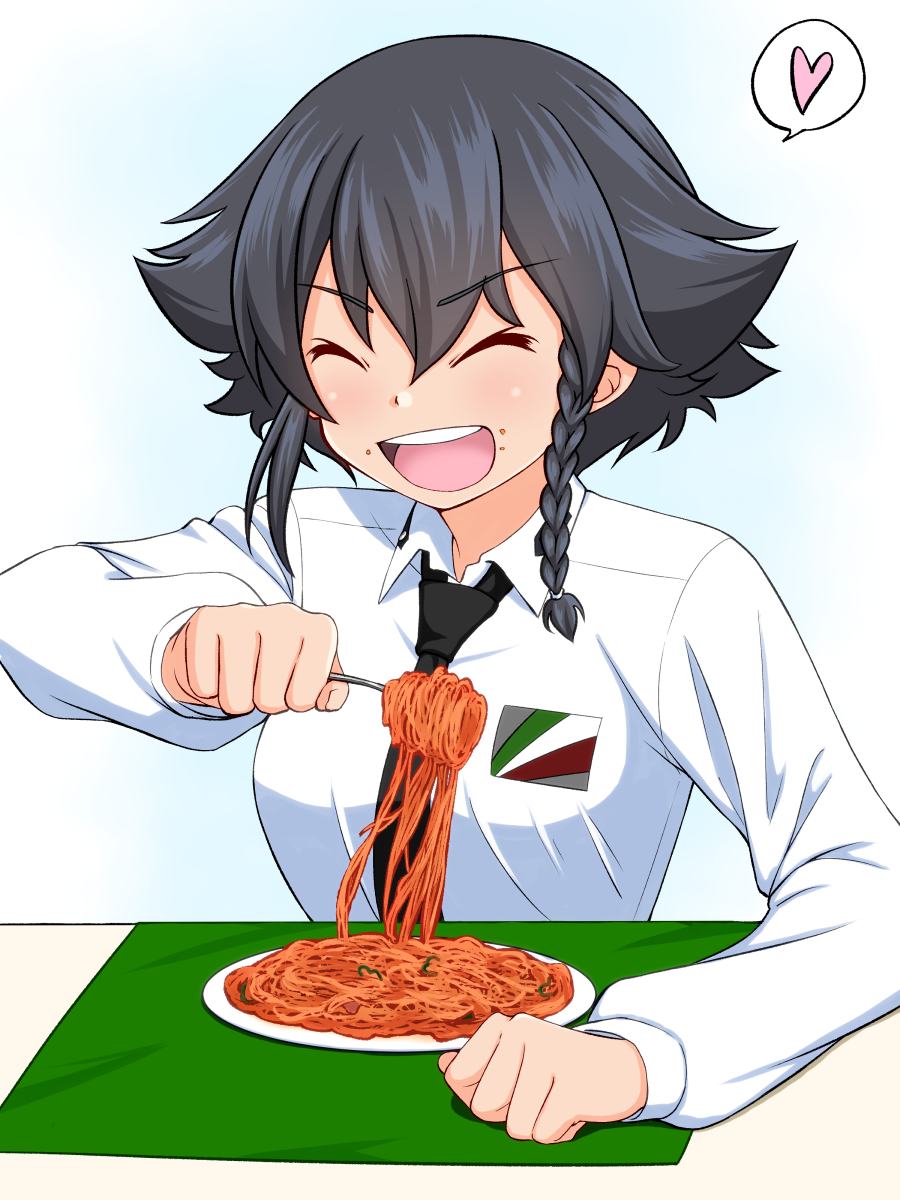 1girl anzio_school_uniform black_hair braid closed_eyes eating food food_on_face fork girls_und_panzer heart highres holding holding_fork necktie open_mouth pasta pepperoni_(girls_und_panzer) ruka_(piyopiyopu) school_uniform solo spaghetti spoken_heart upper_body