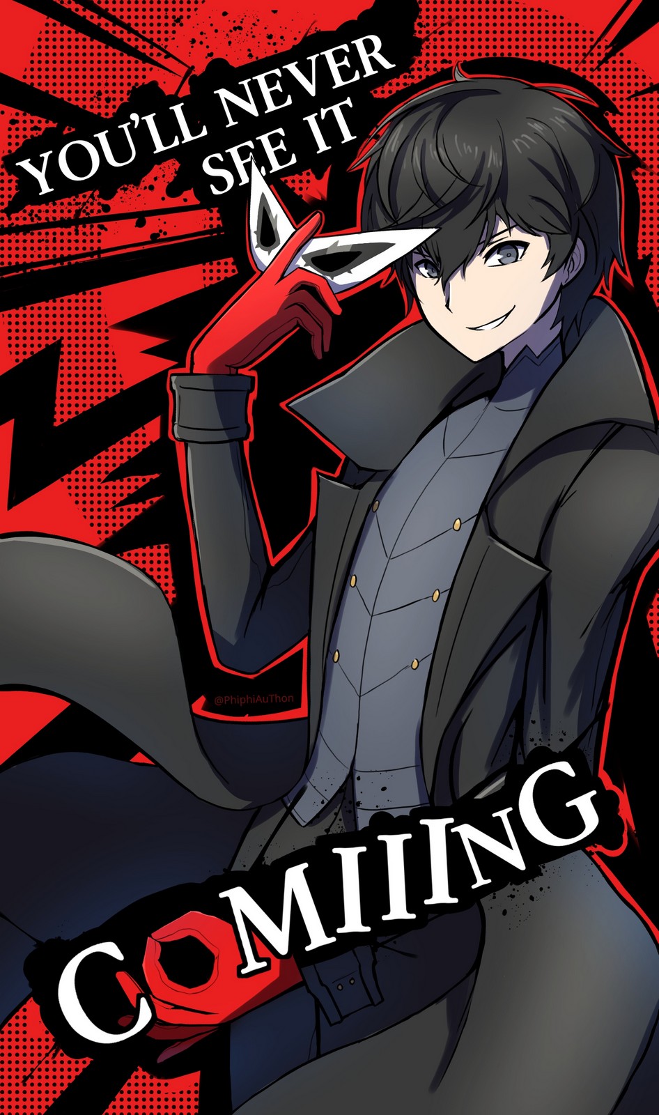 1boy abstract_background amamiya_ren atlus black_coat black_eyes black_hair black_pants black_vest english_text gloves got_'em highres holding holding_mask looking_at_viewer male_focus mask mask_removed megami_tensei meme nintendo pants persona persona_5 phiphi-au-thon red_background red_gloves smile solo super_smash_bros. vest