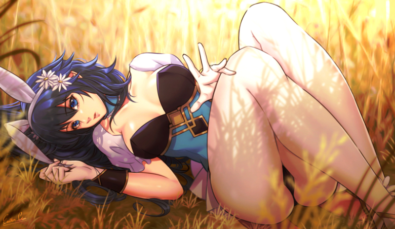 1girl alternate_costume animal_ears ass bangs blue_eyes blue_hair breasts bunnysuit commentary english_commentary esther eyebrows_visible_through_hair fire_emblem fire_emblem:_kakusei fire_emblem_heroes flower grass hair_flower hair_ornament head_tilt knees_up legs_together long_hair looking_at_viewer lucina lying medium_breasts on_back outdoors outstretched_hand pantyhose parted_lips puffy_sleeves rabbit_ears shade solo sunlight tall_grass thighs