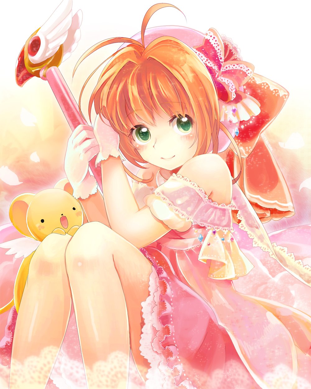 1girl antenna_hair bow brown_hair cardcaptor_sakura closed_mouth commentary_request doily dress eyebrows_visible_through_hair feathers fuuin_no_tsue gloves green_eyes hat hat_bow highres holding holding_staff kero kinomoto_sakura kosame_koori large_bow looking_at_viewer magical_girl off-shoulder_dress off_shoulder petticoat pink_dress pink_headwear red_bow short_dress short_hair short_sleeves sitting smile solo staff white_gloves
