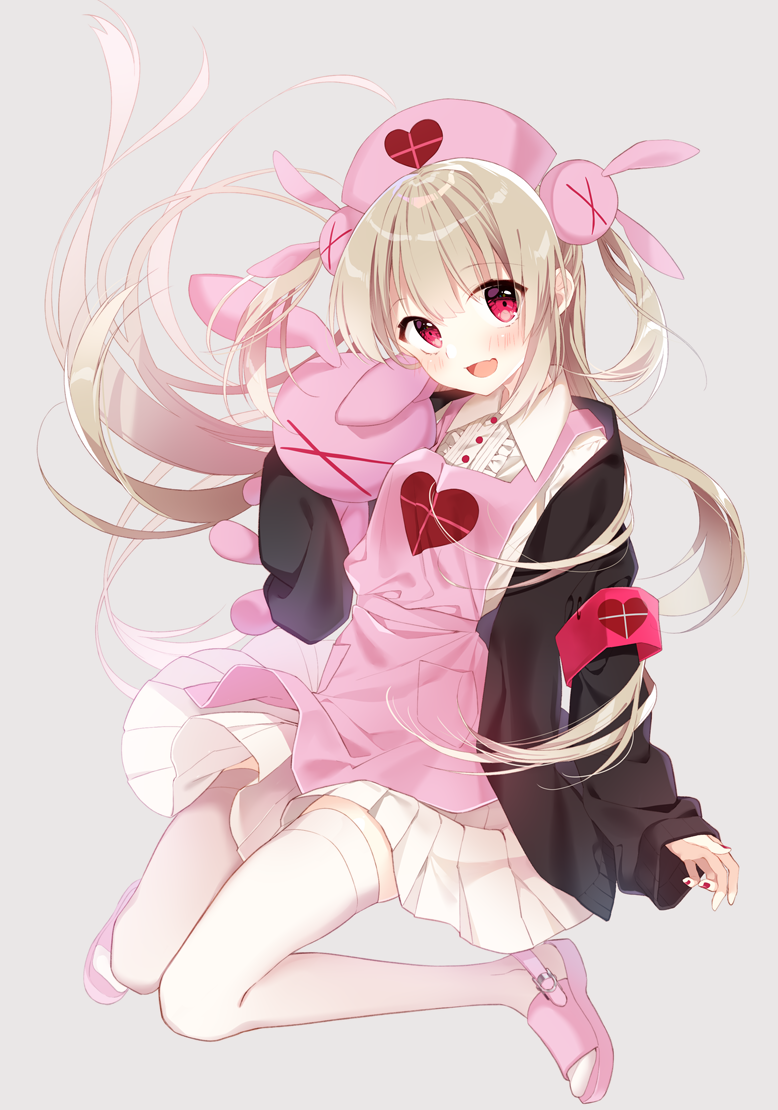1girl :d apron armband black_jacket bunny_hair_ornament commentary hair_ornament hat heart jacket long_hair looking_at_viewer naoto_(tulip) natori_sana nurse_cap open_mouth pink_apron pink_footwear pleated_skirt red_eyes sana_channel simple_background skirt slippers smile solo two_side_up virtual_youtuber white_background