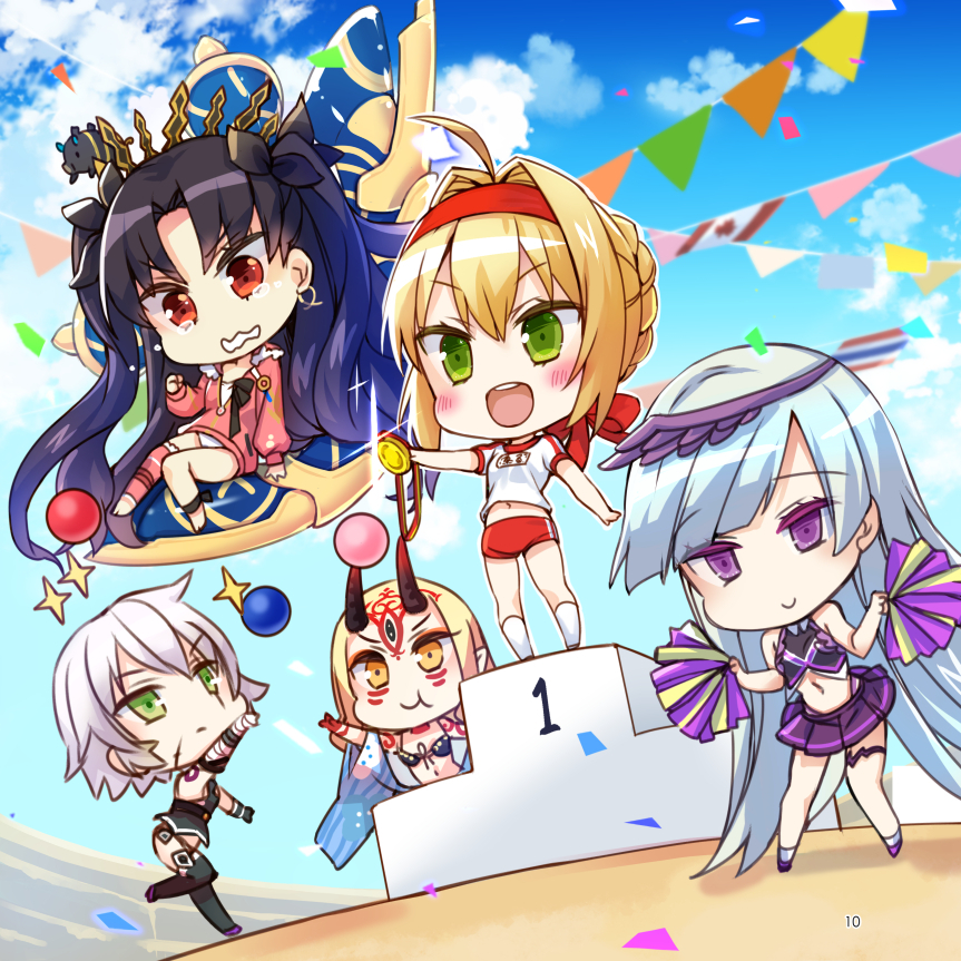 5girls :d ahoge bandaged_arm bandages bangs bare_shoulders bikini black_bikini black_footwear black_gloves black_hair black_legwear black_shirt blonde_hair blue_hair blue_sky blurry blurry_background boots bow braid brown_eyes brynhildr_(fate) buruma canadian_flag cheerleader chibi closed_mouth clouds cloudy_sky confetti crop_top day depth_of_field eyebrows_visible_through_hair fate/extra fate/grand_order fate_(series) gloves green_eyes gym_shirt gym_uniform hair_between_eyes hair_bow hair_intakes hairband holding horns ibaraki_douji_(fate/grand_order) ibaraki_douji_(swimsuit_lancer)_(fate) ishtar_(fate/grand_order) ishtar_(swimsuit_rider)_(fate) jack_the_ripper_(fate/apocrypha) jacket jin_young-in long_sleeves medal multiple_girls name_tag navel nero_claudius_(fate) nero_claudius_(fate)_(all) olympian_bloomers oni oni_horns open_mouth outdoors outstretched_arm pennant pink_jacket pleated_skirt pom_poms puffy_long_sleeves puffy_sleeves purple_shirt purple_skirt red_bow red_buruma red_eyes red_hairband shirt short_sleeves silver_hair single_glove skirt sky sleeveless sleeveless_shirt smile string_of_flags swimsuit swimsuit_under_clothes thigh-highs thigh_boots two_side_up v-shaped_eyebrows violet_eyes white_shirt white_swimsuit