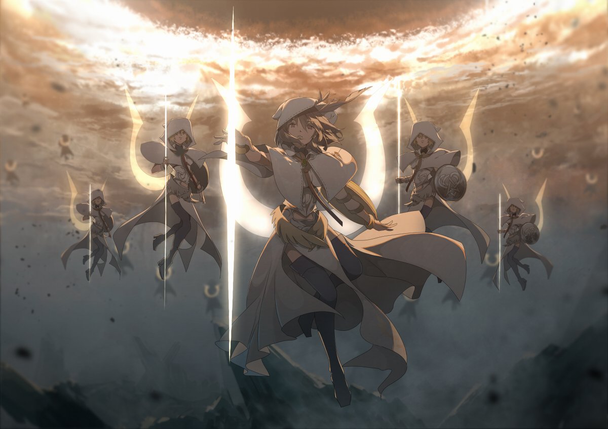 6+girls bangs blonde_hair boots capelet clouds cloudy_sky commentary fate/grand_order fate_(series) flying full_body head_wings high_heel_boots high_heels hood hood_up long_hair looking_at_viewer loyalists mountain multiple_girls open_mouth outstretched_arm parted_lips polearm red_eyes shield short_hair silhouette sky spear thigh-highs thigh_boots valkyrie_(fate/grand_order) weapon wings