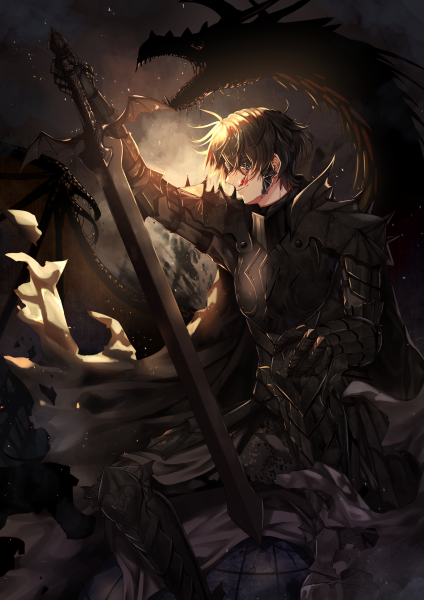 1boy armor black_hair blood blood_on_face cape dragon highres holding holding_sword holding_weapon knight looking_at_viewer original sword tattered_cape wani_(fadgrith) weapon