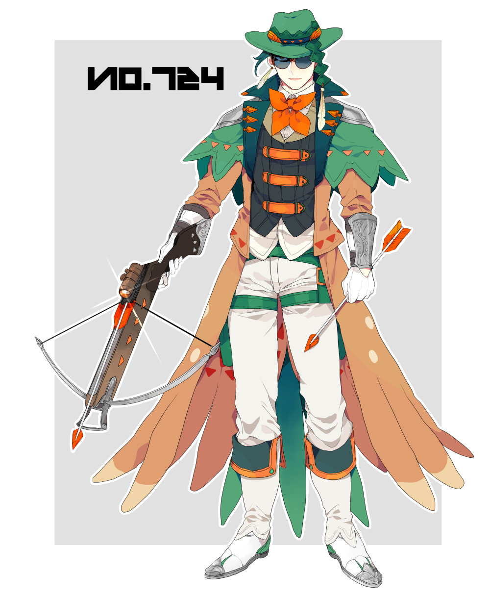 1boy arrow belt boots bow bow_(weapon) clenched_hand crossbow decidueye earrings feather_earrings full_body glasses gloves green_headwear grey_background hat highres holding_arrow jewelry looking_at_viewer male_focus orange_bow pants personification pokemon shioya_(soooooolt) simple_background sniper_scope solo vest weapon white_footwear white_gloves white_pants