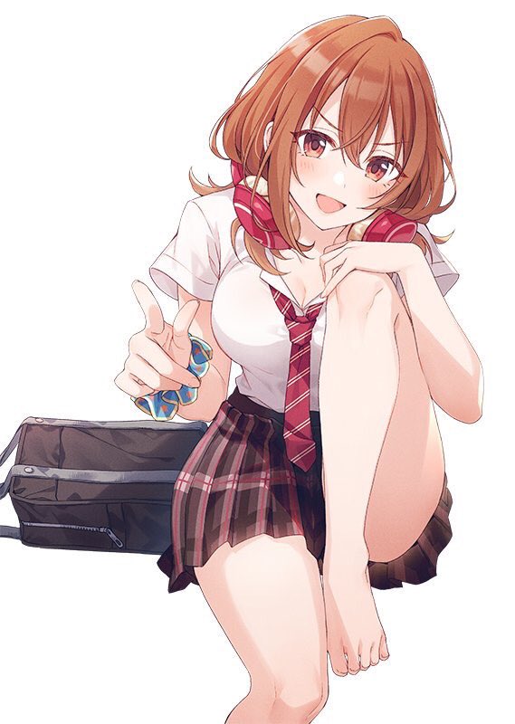 1girl :d bangs bare_legs barefoot blush breasts brown_eyes brown_hair commentary_request eyebrows_visible_through_hair hair_between_eyes hand_on_own_knee headphones headphones_around_neck knee_up kohinata_iroha_(imouuzai) large_breasts leaning_forward long_hair looking_at_viewer necktie official_art open_mouth plaid plaid_skirt pointing red_neckwear school_uniform scrunchie shirt short_sleeves sidelocks simple_background sitting skirt smile solo tomodachi_no_imouto_ga_ore_ni_dake_uzai veryberry00 white_background white_shirt wrist_scrunchie