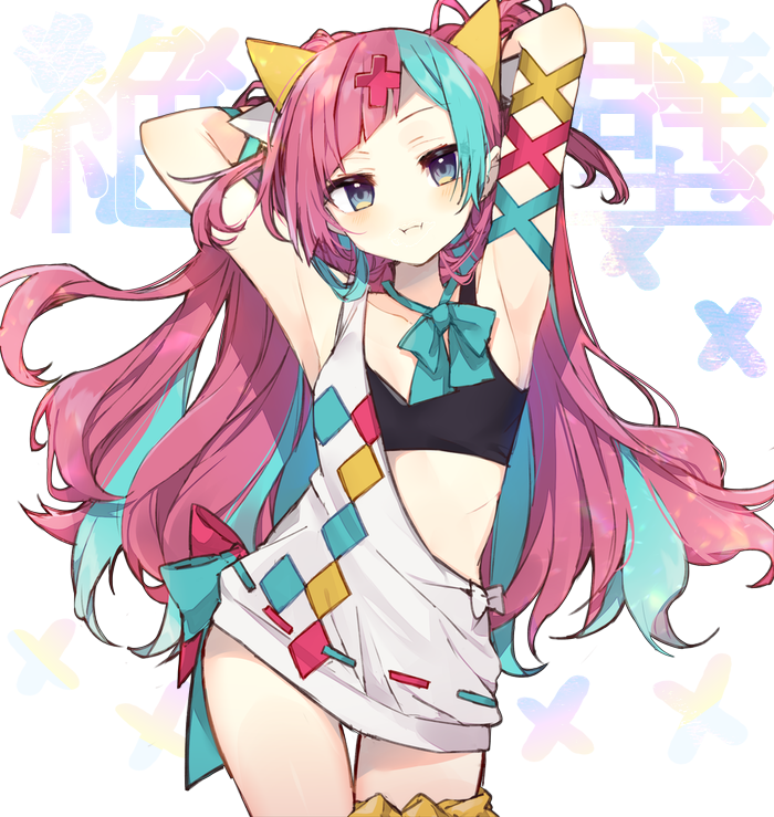 1girl :i armpits arms_up asymmetrical_clothes bare_shoulders black_gloves blue_eyes blue_hair blue_neckwear bow bowtie closed_mouth commentary cowboy_shot flat_chest gloves hair_ornament half_gloves kawaii_rowa long_hair looking_at_viewer loose_neckwear midriff multicolored_hair pink_hair pinky_pop_hepburn solo sports_bra the_moon_studio thigh_scrunchie two-tone_hair very_long_hair virtual_youtuber x_hair_ornament