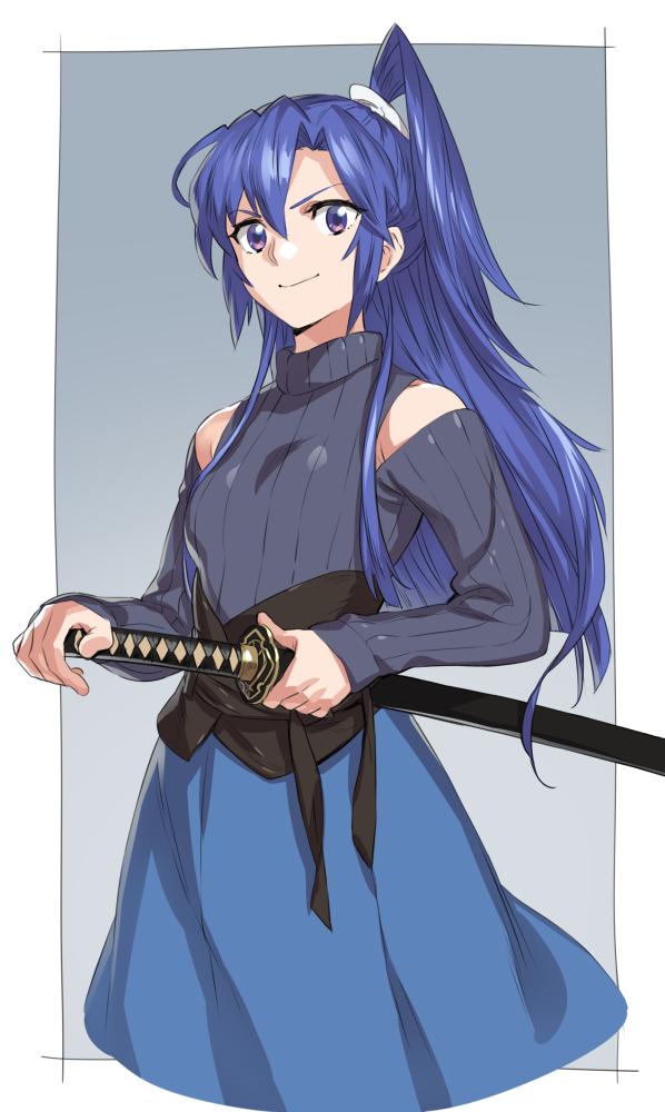 1girl bangs blue_background blue_hair blue_skirt breasts closed_mouth commentary cowboy_shot detached_sleeves holding holding_weapon katana kazanari_tsubasa long_hair long_skirt long_sleeves looking_at_viewer murakami_hisashi one_side_up ribbed_sweater senki_zesshou_symphogear skirt small_breasts smile solo standing sweater sword turtleneck turtleneck_sweater violet_eyes weapon