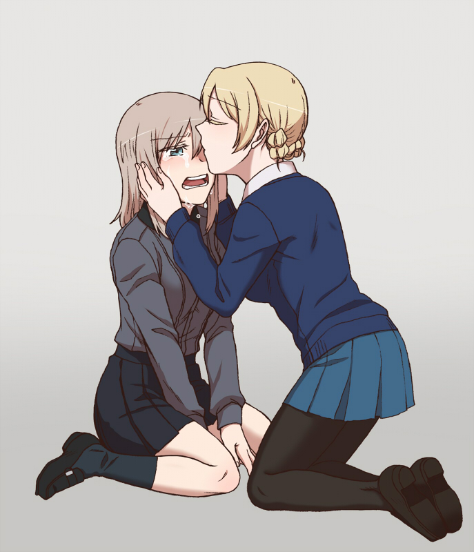 2girls bangs black_footwear black_legwear black_skirt blonde_hair blue_eyes blue_skirt blue_sweater braid commentary consoling crying crying_with_eyes_open darjeeling dress_shirt eyebrows_visible_through_hair forehead_kiss girls_und_panzer grey_background grey_shirt half-closed_eyes hands_on_another's_head itsumi_erika kiss kneeling kuromorimine_school_uniform leaning_forward loafers long_hair long_sleeves looking_at_another miniskirt multiple_girls pantyhose pleated_skirt sad school_uniform shirt shoes short_hair silver_hair simple_background sitting skirt socks st._gloriana's_school_uniform sweater tears tied_hair torinone v_arms wariza white_shirt yuri