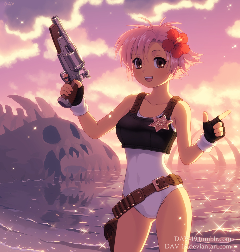 1girl artist_name black_gloves blush breasts brown_eyes character_request copyright_request dav-19 deviantart_username eyebrows_visible_through_hair fingerless_gloves flower gloves gun hair_flower hair_ornament holding holding_gun holding_weapon leotard looking_at_viewer medium_breasts open_mouth outdoors pink_hair short_hair smile solo sunset tumblr_username watermark weapon web_address