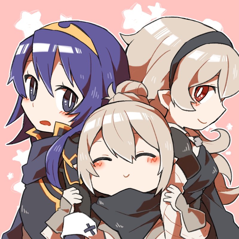 3girls black_hairband blue_eyes blue_hair closed_eyes closed_mouth commentary_request female_my_unit_(fire_emblem_if) fire_emblem fire_emblem:_kakusei fire_emblem_if from_side hairband kanna_(female)_(fire_emblem_if) kanna_(fire_emblem_if) long_hair lucina multiple_girls my_unit_(fire_emblem_if) open_mouth pointy_ears red_eyes shunrai smile tiara upper_body white_hair