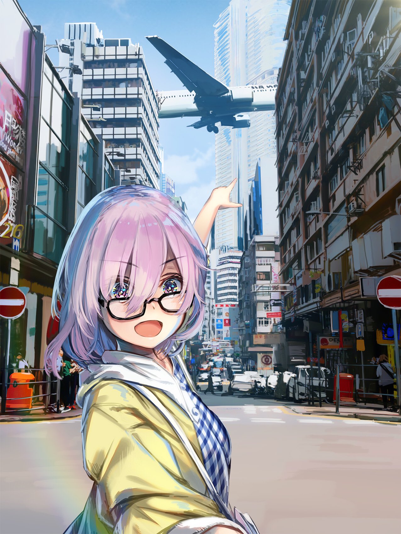 1girl aircraft airplane alternate_costume blue_sky building cityscape commentary_request day dress eyebrows_visible_through_hair fate/grand_order fate_(series) glasses hair_over_one_eye highres hong_kong jacket japan_airlines jet lavender_hair mash_kyrielight mash_kyrielight_(senpai_killer_outfit) nigorimizu open_mouth outdoors plaid plaid_dress pointing purple_hair road short_hair sky solo_focus street upper_body vehicle violet_eyes yellow_jacket