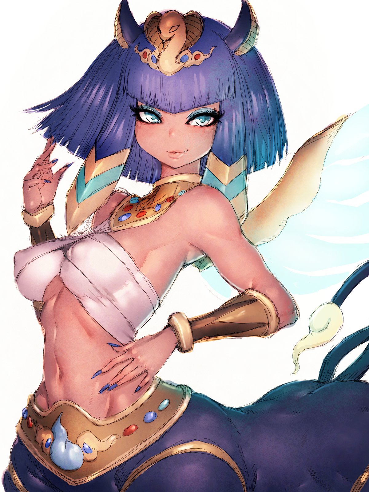 1girl animal_ears bare_shoulders blue_eyes breasts cat_ears covered_nipples dark_skin egyptian fang fingernails fumio_(rsqkr) highres kurekurepatra large_breasts light_smile looking_at_viewer monster_girl navel parted_lips smile solo sphinx under_boob wings youkai_watch