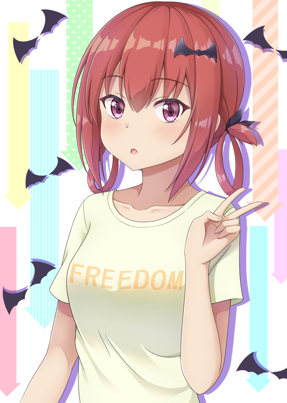 1girl alternate_costume arrow_background bat_background bat_hair_ornament black_ribbon blush clothes_writing commentary_request darknessukaru directional_arrow english_text gabriel_dropout hair_ornament hair_ribbon hand_up highres kurumizawa_satanichia_mcdowell looking_at_viewer medium_hair open_mouth redhead ribbon solo v violet_eyes