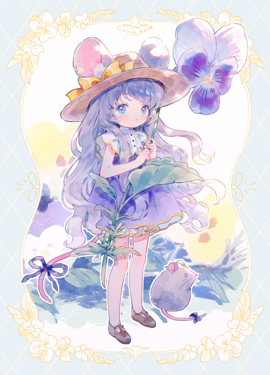 1girl :&lt; animal_ears blue_eyes closed_mouth conago dress eyebrows_visible_through_hair flower full_body hat hat_ribbon highres holding holding_flower long_hair mouse_ears mouse_tail original pansy personification purple_dress purple_hair purple_ribbon ribbon standing tail tail_ornament tail_ribbon yellow_ribbon