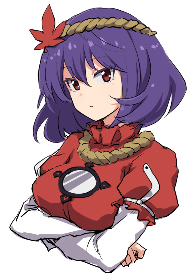 1girl bangs breasts commentary_request cropped_torso crossed_arms eyebrows_visible_through_hair hair_between_eyes hair_ornament large_breasts leaf_hair_ornament leon_(mikiri_hassha) long_sleeves looking_at_viewer mirror puffy_short_sleeves puffy_sleeves purple_hair red_eyes red_shirt rope shirt short_hair short_sleeves simple_background solo touhou upper_body white_background yasaka_kanako