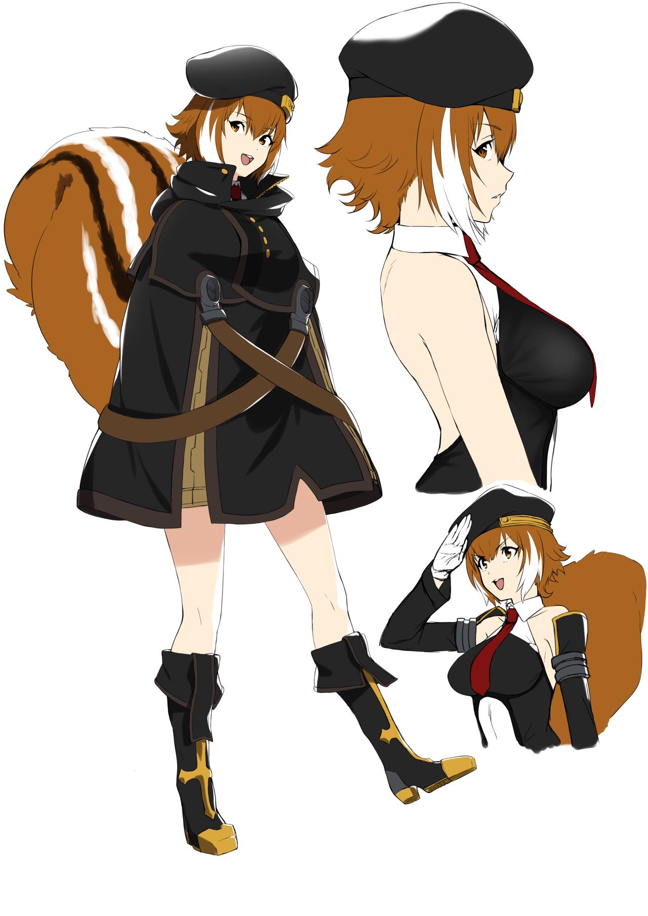 1girl animal_ears bare_shoulders beret black_footwear blazblue boots breasts brown_eyes brown_hair cloak closed_mouth eyebrows_visible_through_hair full_body gloves hair_between_eyes hat highres knee_boots looking_at_viewer looking_to_the_side makoto_nanaya military military_uniform multicolored_hair multiple_views necktie open_mouth purinnssu salute short_hair simple_background smile squirrel_ears squirrel_tail standing tail two-tone_hair uniform white_background