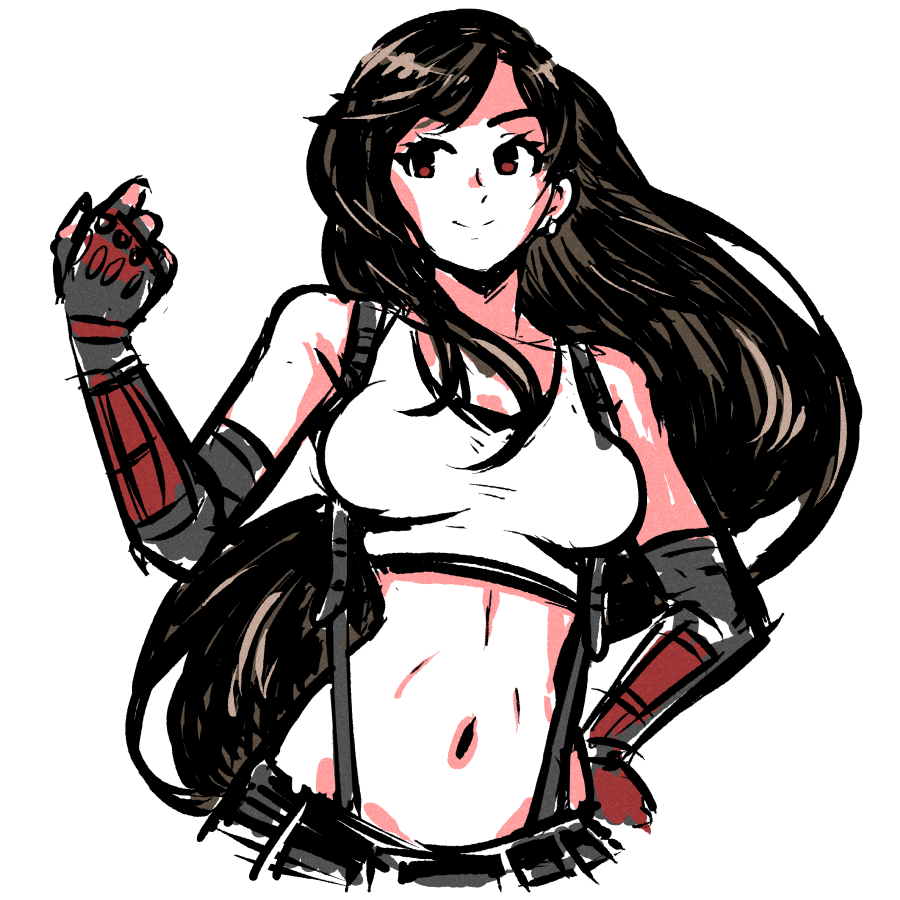 akairiot belt breasts brown_hair cowboy_shot earrings eyebrows eyebrows_visible_through_hair final_fantasy final_fantasy_vii final_fantasy_vii_remake gauntlets hand_on_hip hand_up jewelry long_hair medium_breasts midriff navel red_eyes simple_background sketch suspenders tank_top tifa_lockhart white_background white_earrings