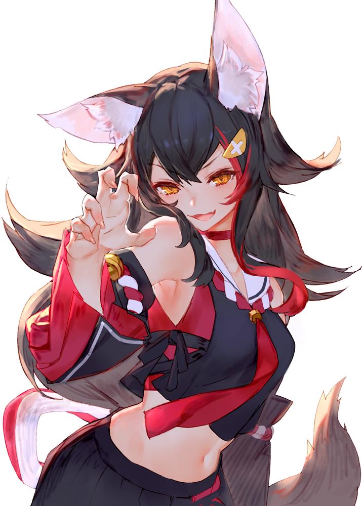 1girl animal_ear_fluff animal_ears armpits bangs bell black_hair black_skirt blush choker claw_pose collarbone commentary cowboy_shot detached_sleeves fang fingernails hair_between_eyes hair_ornament hairclip hand_up hololive izumi_sai japanese_clothes kouhaku_nawa long_hair long_sleeves looking_at_viewer multicolored_hair navel ookami_mio open_mouth red_choker red_neckwear redhead sharp_fingernails simple_background skin_fang skirt smile solo streaked_hair tail virtual_youtuber white_background wide_sleeves wolf_ears wolf_tail yellow_eyes