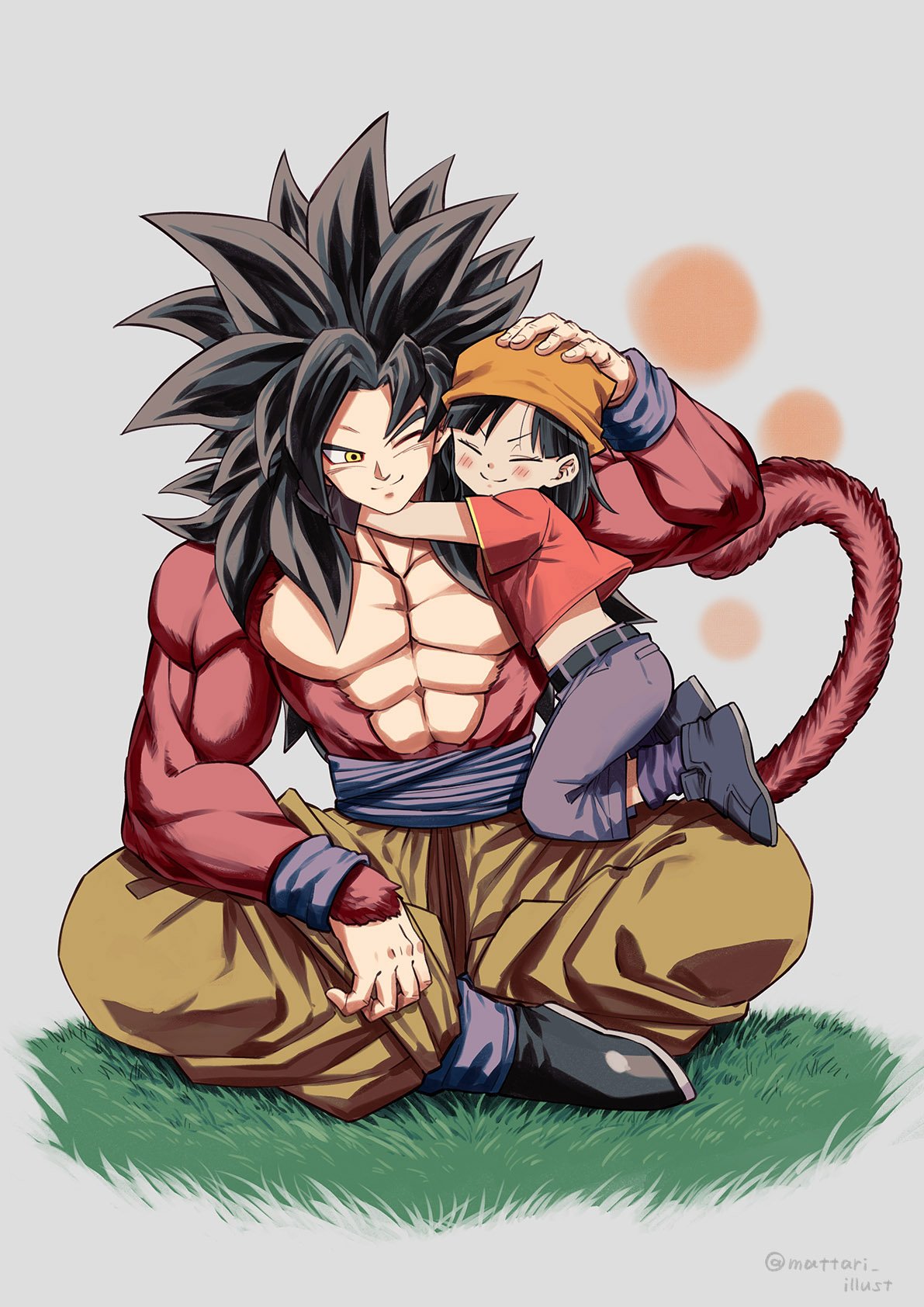 1boy 1girl abs bandana black_hair blush closed_eyes commentary_request dragon_ball dragon_ball_gt fur grandfather_and_granddaughter grey_background hand_on_another's_head highres hug indian_style mattari_illust one_eye_closed pan_(dragon_ball) pectorals simple_background sitting smile son_gokuu spiky_hair super_saiyan_4 tail wristband yellow_eyes
