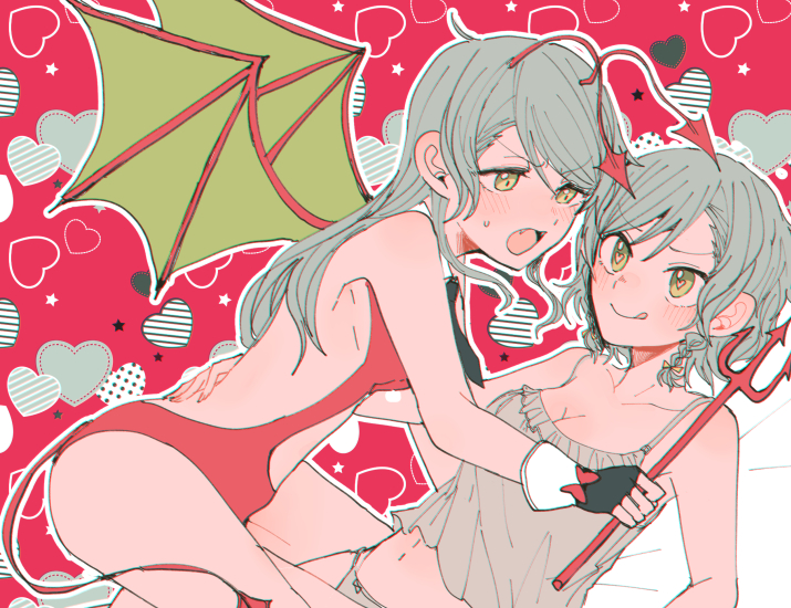 2girls antennae aqua_hair bang_dream! blue_hair blush braid demon_girl demon_tail demon_wings fangs fingerless_gloves gloves green_eyes grin hand_on_another's_back heart heart-shaped_pupils hikawa_hina hikawa_sayo incest itomugi-kun long_hair looking_at_viewer multiple_girls necktie open_mouth polearm short_hair siblings sisters sleepwear smile symbol-shaped_pupils tail tongue tongue_out trident twin_braids twins weapon wings
