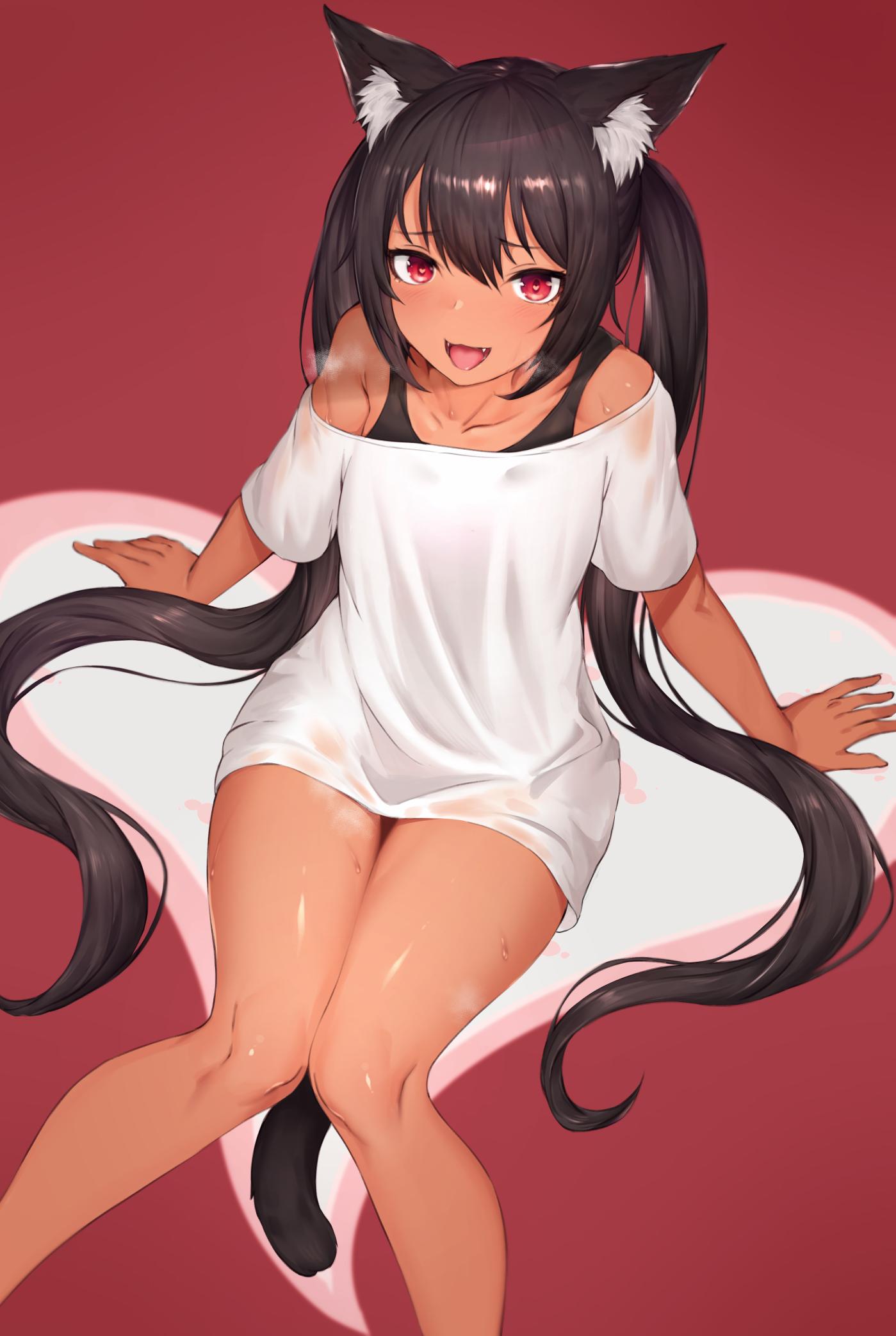 1girl animal_ear_fluff animal_ears bare_shoulders blush breasts cat_ears cat_tail collarbone commentary dark_skin fangs feet_out_of_frame hair_between_eyes heart heart-shaped_pupils highres long_hair looking_at_viewer mathew_(srmmk_mce) no_pants open_mouth original red_background red_eyes shirt sitting small_breasts smile solo symbol-shaped_pupils symbol_commentary tail thighs very_long_hair white_shirt