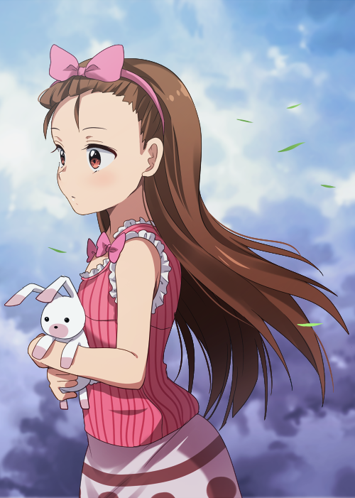 1girl bow brown_eyes brown_hair floating_hair frilled_shirt frills from_side hair_bow hairband hiiringu holding holding_stuffed_animal idolmaster idolmaster_(classic) long_hair minase_iori pink_bow pink_hairband pink_shirt pink_skirt print_skirt shirt skirt sleeveless sleeveless_shirt solo standing striped striped_shirt stuffed_animal stuffed_toy upper_body vertical-striped_shirt vertical_stripes very_long_hair