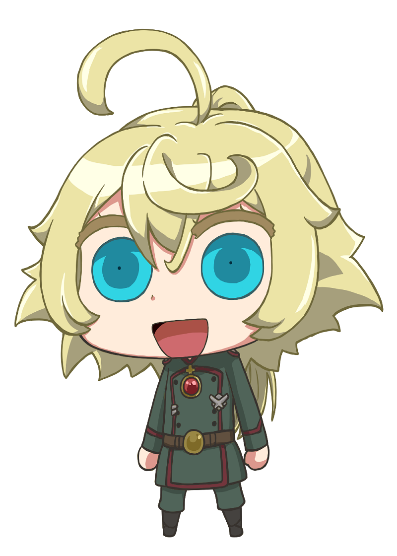 1girl :d ahoge alternate_hairstyle belt blonde_hair blue_eyes chibi commentary dinonix error fate/grand_order fate_(series) full_body grin hair_between_eyes huge_ahoge looking_at_viewer military military_uniform open_mouth parody pun riyo_(lyomsnpmp)_(style) simple_background smile style_parody tanya_degurechaff uniform white_background youjo_senki