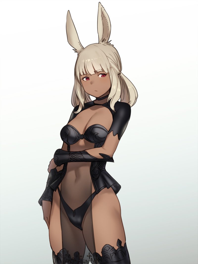 1girl :/ animal_ears arm_at_side arm_under_breasts bangs breasts commentary cowboy_shot dark_skin final_fantasy final_fantasy_xiv gradient gradient_background grey_hair houtengeki looking_at_viewer medium_breasts medium_hair navel pelvic_curtain rabbit_ears red_eyes see-through simple_background solo twintails vambraces viera