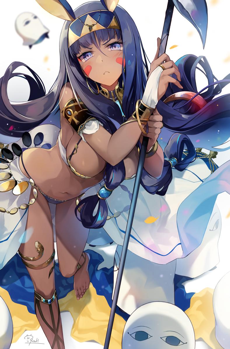1girl ankh armlet bandeau bangle belly_chain blue_eyes blue_hair blush bra bracelet bridal_gauntlets commentary_request eyebrows_visible_through_hair facial_mark fate/grand_order fate_(series) frown hair_rings headband highres hirai_yuzuki jewelry long_hair medjed navel nitocris_(fate/grand_order) panties purple_panties signature staff underwear very_long_hair