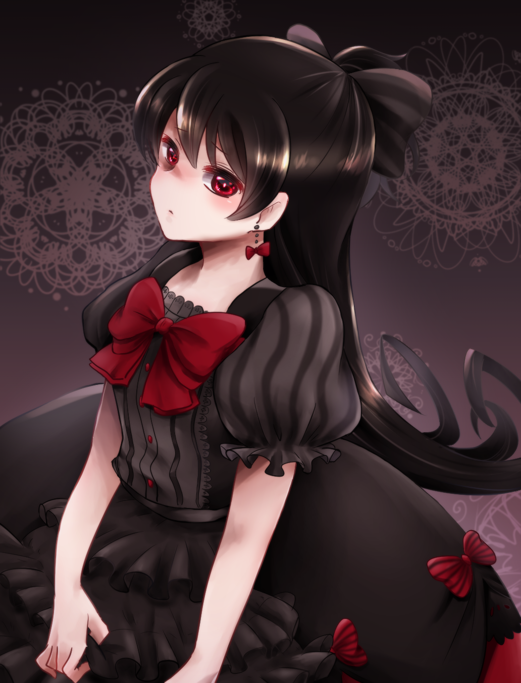 1girl black_bow black_dress black_hair bow commentary_request dress earrings frilled_dress frills highres jewelry long_hair looking_at_viewer otoca_d'or red_bow red_eyes runapiero striped striped_dress