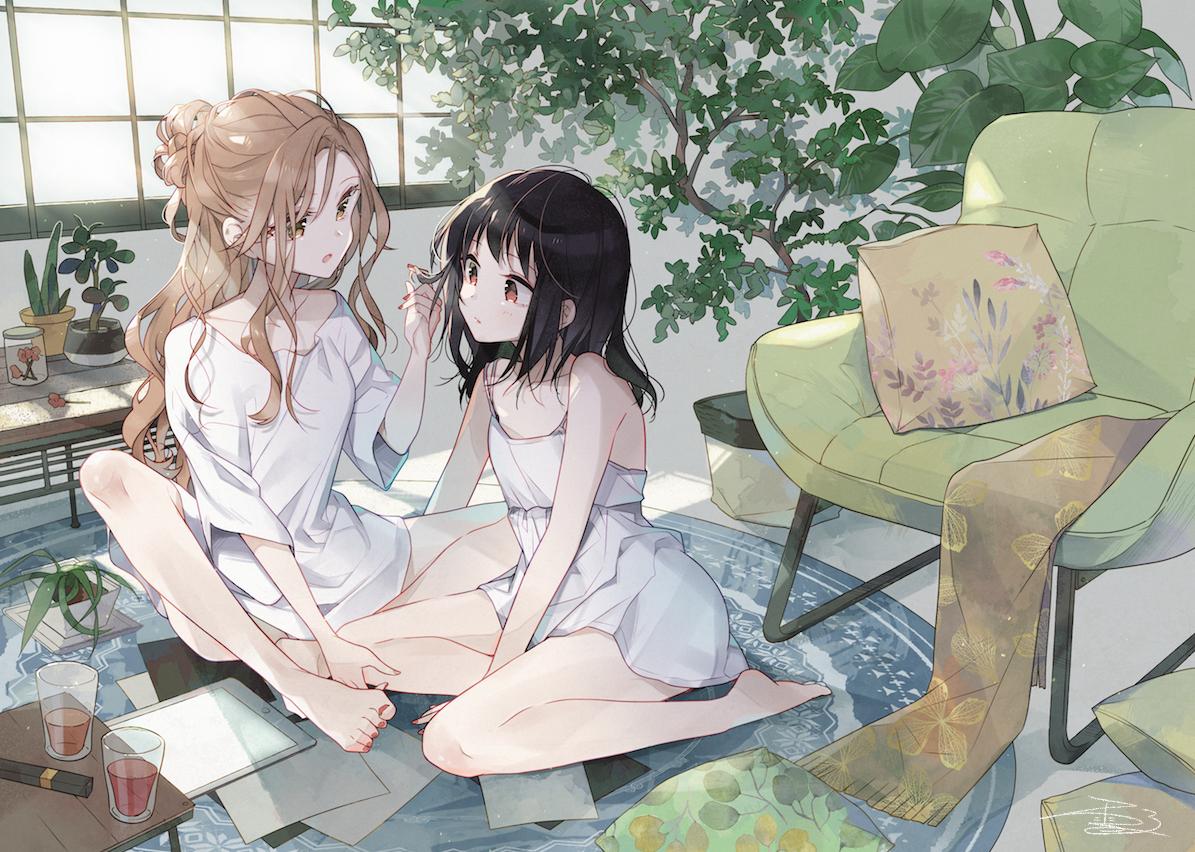 2girls bangs bare_shoulders barefoot black_hair blush brown_eyes brown_hair chair chemise collarbone commentary cup cushion full_body futaribeya hair_bun hand_in_another's_hair indoors jar kawawa_sakurako long_hair looking_at_another medium_hair multiple_girls nail_polish no_pants on_floor open_mouth parted_lips plant playing_with_another's_hair red_eyes red_nails rug seiza shirt sitting spaghetti_strap sunlight white_camisole white_shirt window yamabuki_kasumi yukiko_(tesseract) yuri