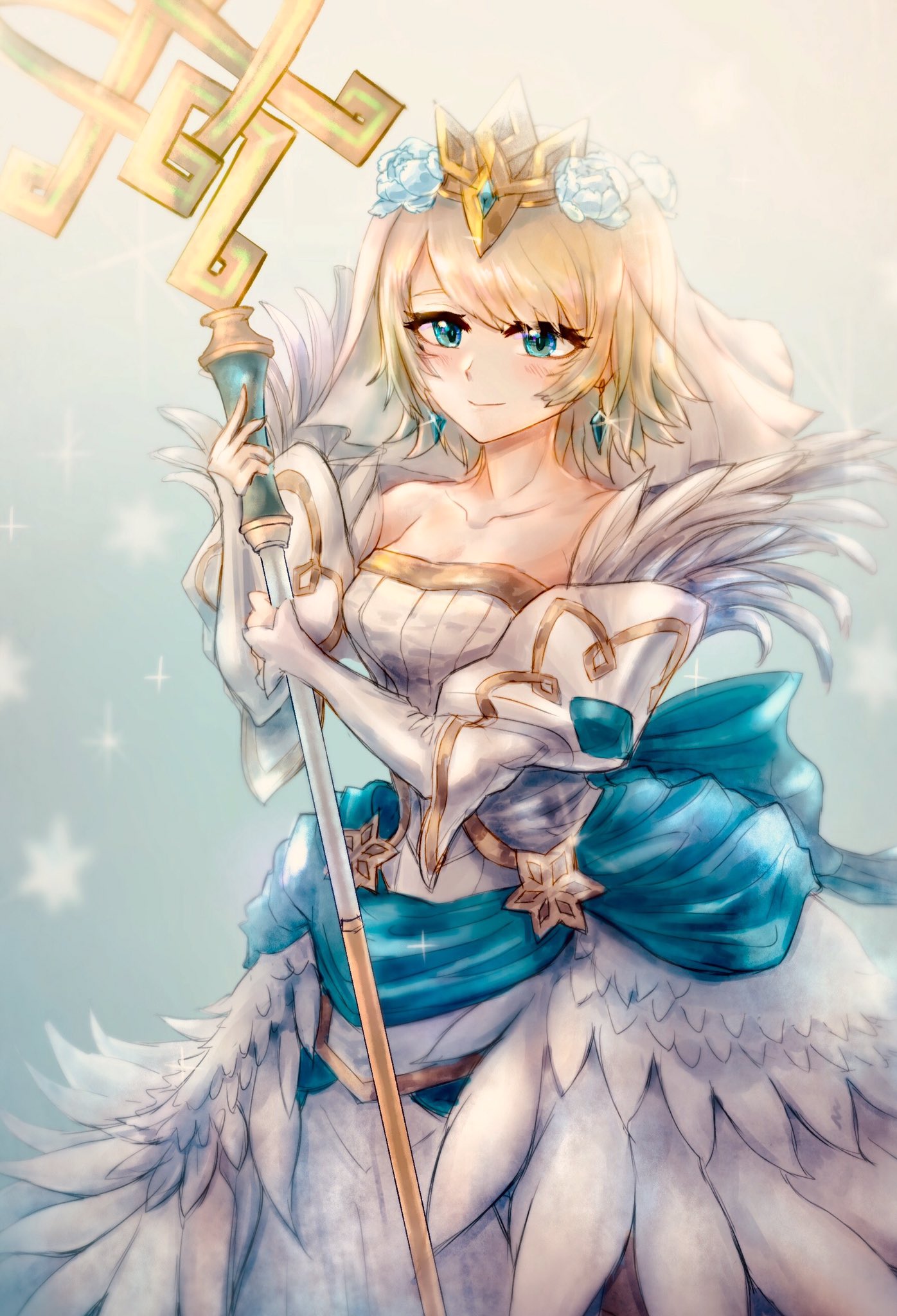 1girl blonde_hair blue_eyes bride closed_mouth commentary_request crown dress earrings feather_trim feh_xeri fire_emblem fire_emblem_heroes fjorm_(fire_emblem_heroes) flower hair_flower hair_ornament highres holding holding_staff jewelry short_hair simple_background solo staff strapless strapless_dress veil wedding_dress white_dress