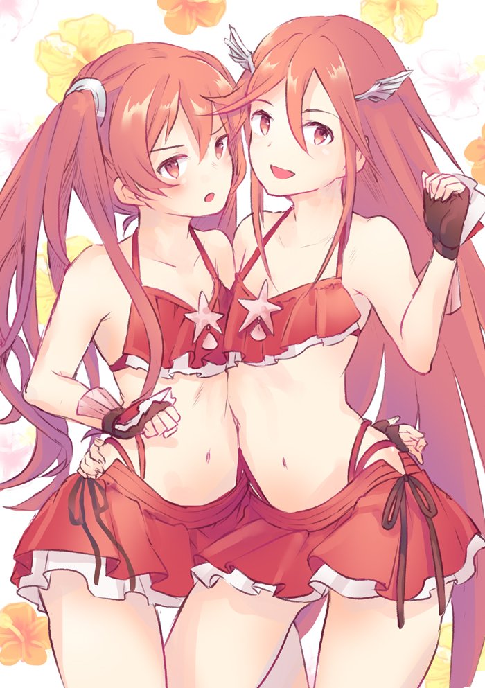 2girls bikini commentary_request fingerless_gloves fire_emblem fire_emblem:_kakusei fire_emblem_heroes flower gloves hair_ornament long_hair matching_outfit mother_and_daughter multiple_girls navel open_mouth piggybank_(pixiv) red_bikini red_eyes redhead selena_(fire_emblem) swimsuit cordelia_(fire_emblem) twintails