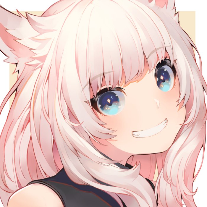 1girl akizone animal_ears bangs bare_shoulders blue_eyes blush commentary english_commentary eyebrows_visible_through_hair face grin long_hair looking_at_viewer original smile solo teeth white_hair wolf_ears