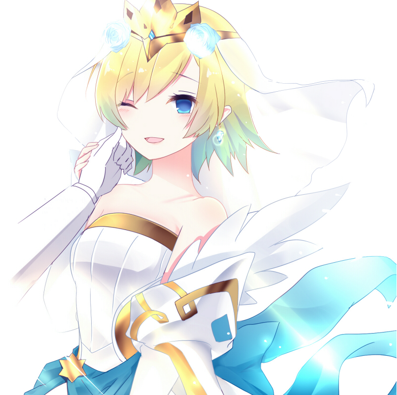 1girl blonde_hair blue_eyes blue_hair bride commentary_request crown dress earrings fire_emblem fire_emblem_heroes fjorm_(fire_emblem_heroes) flower gloves hair_flower hair_ornament jewelry long_sleeves multicolored_hair one_eye_closed open_mouth rojiura-cat short_hair simple_background solo_focus strapless strapless_dress upper_body veil wedding_dress white_background white_dress white_gloves