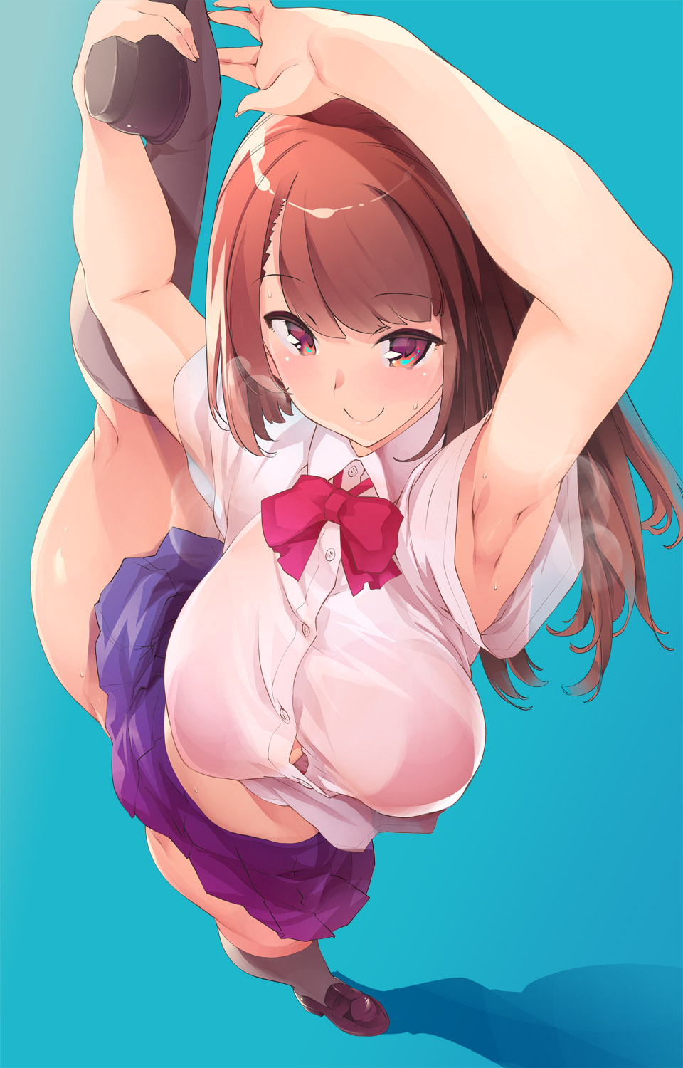 1girl armpits arms_up bangs black_legwear blue_background bow bowtie breasts brown_hair closed_mouth eyebrows_visible_through_hair highres kneehighs large_breasts loafers long_hair looking_at_viewer original pleated_skirt school_uniform shadow shirt shoes short_sleeves simple_background skirt smile solo split standing standing_on_one_leg standing_split sweat thigh-highs thomasz violet_eyes white_shirt
