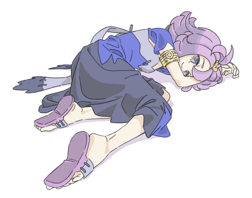 1girl acerola_(pokemon) armlet closed_mouth commentary_request dress elite_four flipped_hair full_body gengoru hair_ornament lying multicolored multicolored_clothes multicolored_dress pokemon pokemon_(game) pokemon_sm purple_hair sandals short_hair simple_background solo stitches trial_captain violet_eyes white_background