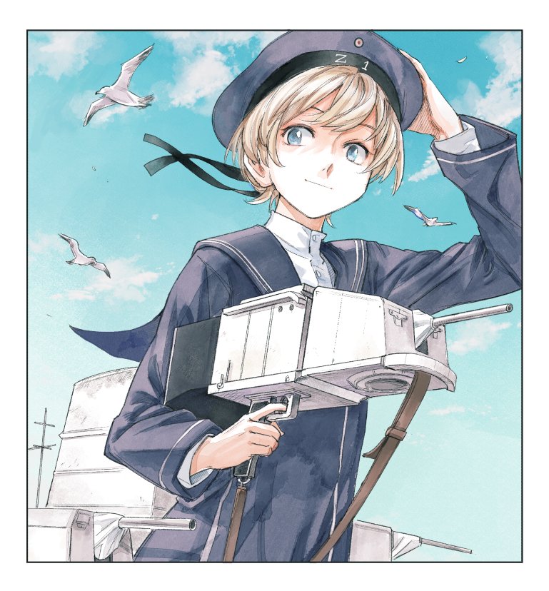 1girl bird blue_eyes blue_sky clothes_writing commentary_request dress from_below hat hiro_(chumo) holding_turret kantai_collection looking_to_the_side machinery sailor_collar sailor_dress sailor_hat short_hair silver_hair sky smile solo upper_body z1_leberecht_maass_(kantai_collection)