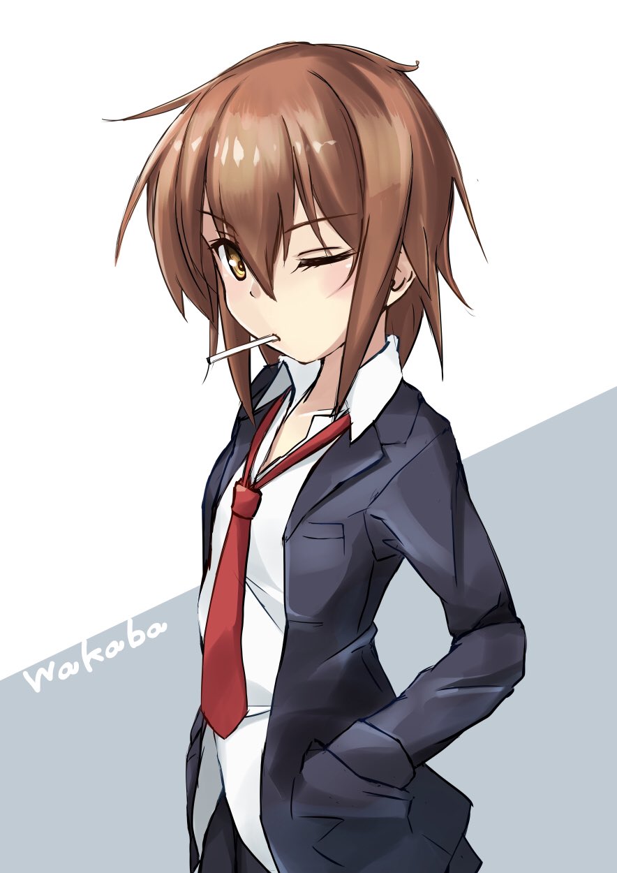 1girl black_jacket black_skirt blazer brown_eyes brown_hair candy character_name commentary_request cowboy_shot food grey_background hand_in_pocket highres jacket kantai_collection lollipop looking_at_viewer minosu mouth_hold necktie one_eye_closed pleated_skirt red_neckwear school_uniform short_hair skirt solo two-tone_background wakaba_(kantai_collection) white_background