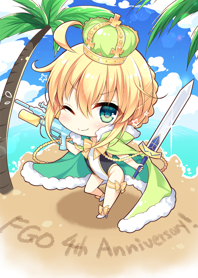 1girl ;) ahoge anniversary artoria_pendragon_(all) artoria_pendragon_(swimsuit_archer) bangs beach blonde_hair blue_sky blush bow braid brown_bow chibi cloak closed_mouth clouds cloudy_sky commentary_request crown day excalibur eyebrows_visible_through_hair fate/grand_order fate_(series) fur-trimmed_cloak fur_trim green_cloak green_eyes hair_between_eyes high_heels holding holding_sword holding_water_gun holding_weapon horizon mini_crown ocean one-piece_swimsuit one_eye_closed outdoors palm_tree sand sand_writing shikitani_asuka shoes sidelocks sky smile solo standing standing_on_one_leg star swimsuit sword tree water water_gun weapon white_footwear white_swimsuit