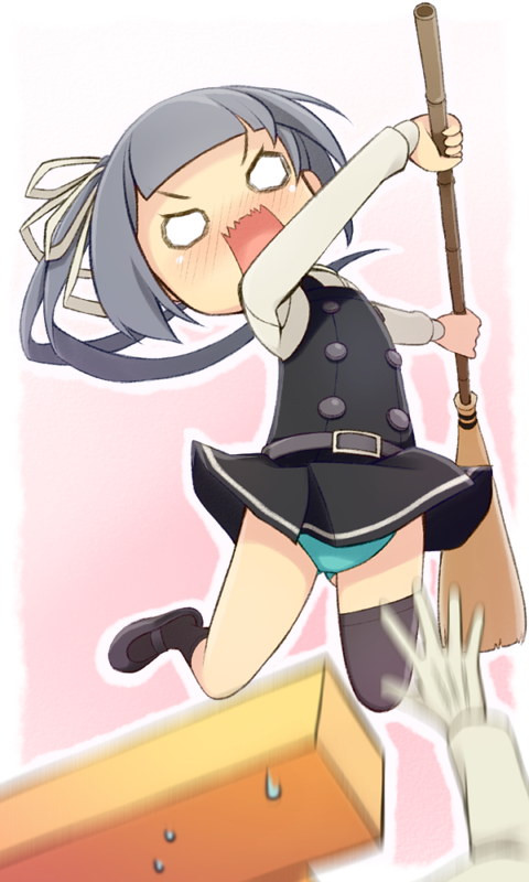 0_0 1boy 1girl admiral_(kantai_collection) bangs blush broom buttons chibi commentary_request dress gloves green_panties grey_hair hair_between_eyes hair_ribbon holding holding_broom kantai_collection kasumi_(kantai_collection) long_hair long_sleeves looking_at_viewer military military_uniform mofu_namako naval_uniform nose_blush open_mouth panties pinafore_dress remodel_(kantai_collection) ribbon school_uniform shirt side_ponytail simple_background single_thighhigh sleeveless sleeveless_dress standing t-head_admiral thigh-highs underwear uniform wavy_mouth white_shirt