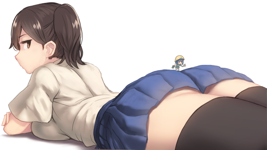 1girl ass black_legwear blue_skirt breast_press breasts brown_eyes brown_hair commentary_request cowboy_shot crossed_arms fairy_(kantai_collection) from_behind hakama hakama_skirt japanese_clothes jitome kaga_(kantai_collection) kantai_collection large_breasts long_hair looking_back lying minigirl miniskirt on_stomach pleated_skirt short_sleeves side_ponytail size_difference skirt thigh-highs thighs utopia
