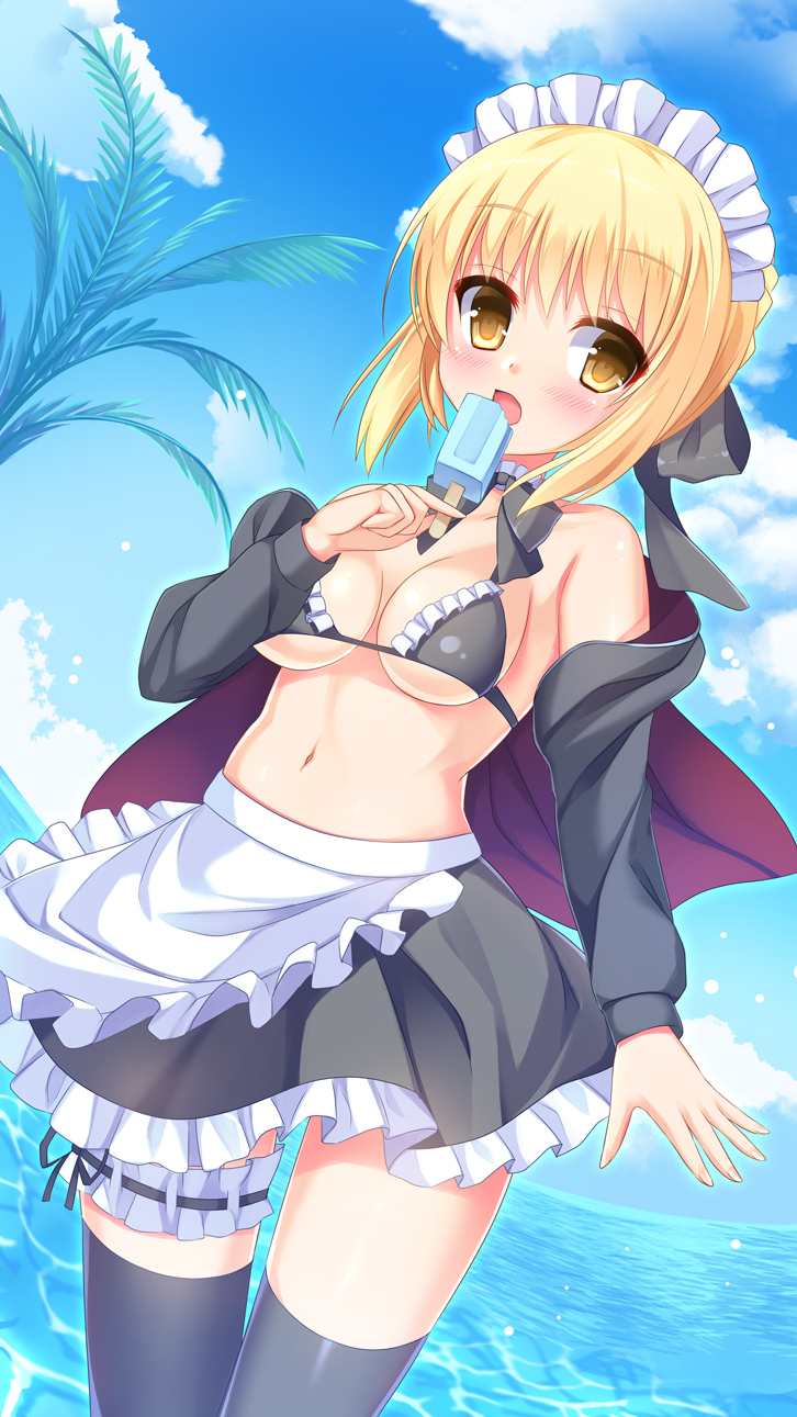 1girl apron artoria_pendragon_(all) artoria_pendragon_(swimsuit_rider_alter) bangs bikini_top black_bikini_top black_bow black_jacket black_legwear black_skirt blonde_hair blue_sky blush bow breasts brown_eyes clouds commentary_request day dutch_angle eyebrows_visible_through_hair fate/grand_order fate_(series) food frilled_apron frilled_bikini_top frilled_skirt frills hair_between_eyes hair_bow highres holding holding_food hood hood_down hooded_jacket horizon jacket leg_garter maid_headdress medium_breasts navel ocean open_clothes open_jacket outdoors palm_tree popsicle sidelocks skirt sky solo thigh-highs tree umitonakai waist_apron water white_apron