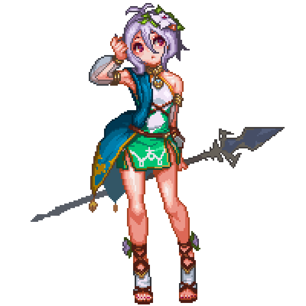 1girl animated animated_gif antenna_hair armpits bangs bare_legs bare_shoulders breasts detached_sleeves expressionless flower full_body hair_between_eyes hair_flower hair_ornament holding holding_spear holding_weapon kokkoro_(princess_connect!) looking_to_the_side pixel_art polearm princess_connect!_re:dive sandals see-through_sleeves short_hair silver_hair small_breasts spear violet_eyes weapon