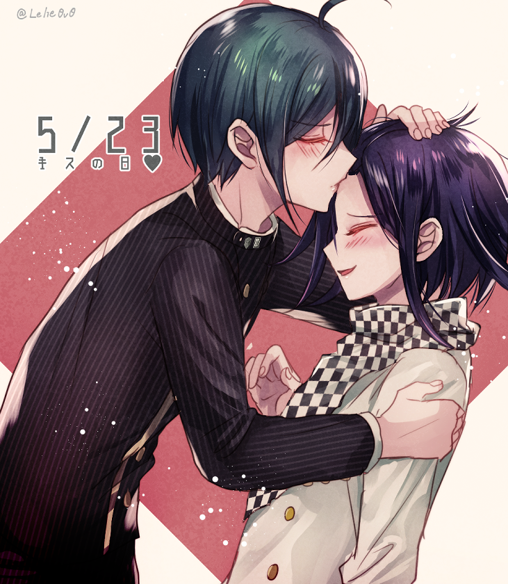 2boys ahoge black_hair black_shirt blush checkered checkered_scarf commentary_request dangan_ronpa dated eyebrows_visible_through_hair forehead_kiss hand_on_head heart jacket kiss long_sleeves male_focus medium_hair multiple_boys new_dangan_ronpa_v3 ouma_kokichi parted_lips purple_hair saihara_shuuichi scarf shirt short_hair striped striped_shirt translated twitter_username upper_body white_jacket yaoi z-epto_(chat-noir86)