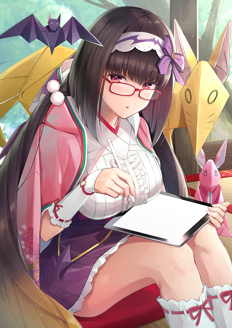 1girl :o black_hair breasts brown_hair commentary_request fate/grand_order fate_(series) floral_print frilled_shirt frills glasses gradient_hair hairband holding holding_stylus japanese_clothes kimono kneehighs large_breasts long_hair looking_at_viewer looking_over_eyewear miniskirt multicolored_hair origami osakabe-hime_(fate/grand_order) parted_lips pink_kimono pleated_skirt pom_pom_(clothes) purple_skirt red-framed_eyewear red_eyes shirt sitting skirt solo stylus tablet_pc thighs umihotaru_harumare very_long_hair white_legwear white_shirt