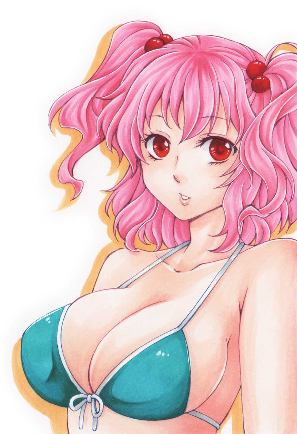 1girl bangs bare_shoulders bikini blue_bikini breasts collarbone commentary_request eyebrows_visible_through_hair front-tie_bikini front-tie_top hair_bobbles hair_ornament halterneck highres large_breasts looking_at_viewer onozuka_komachi parted_lips pink_hair red_eyes short_hair silhouette simple_background solo swimsuit syanari touhou traditional_media two_side_up upper_body white_background